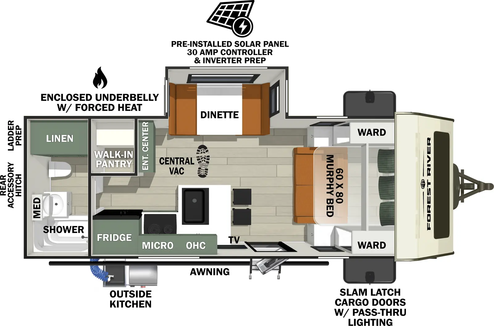 The No Boundaries NB20.4 has one entry and one slide out. Exterior features include: fiberglass exterior and 14' awning. Interiors features include: murphy bed and rear bathroom.